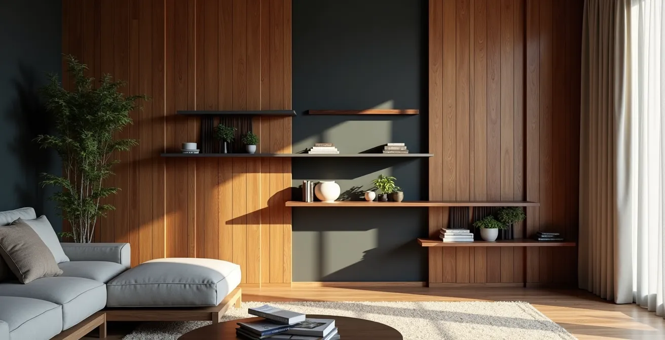 Salón contemporáneo con pared de paneles acústicos decorados con plantas y estantes integrados