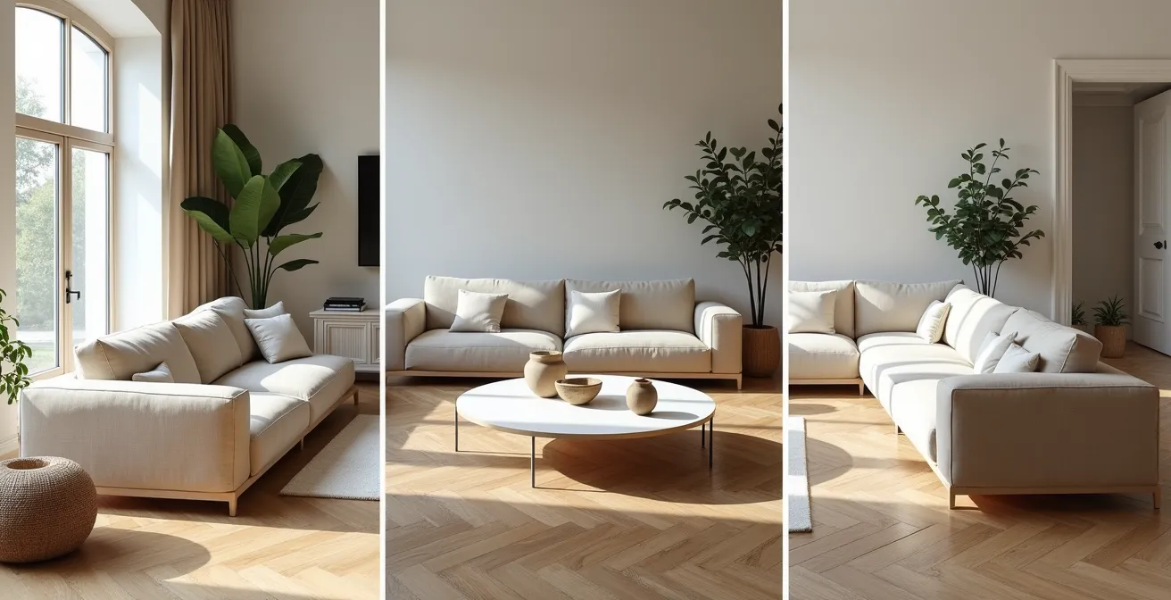 Vista aérea de salón mostrando sofá modular en tres configuraciones distintas