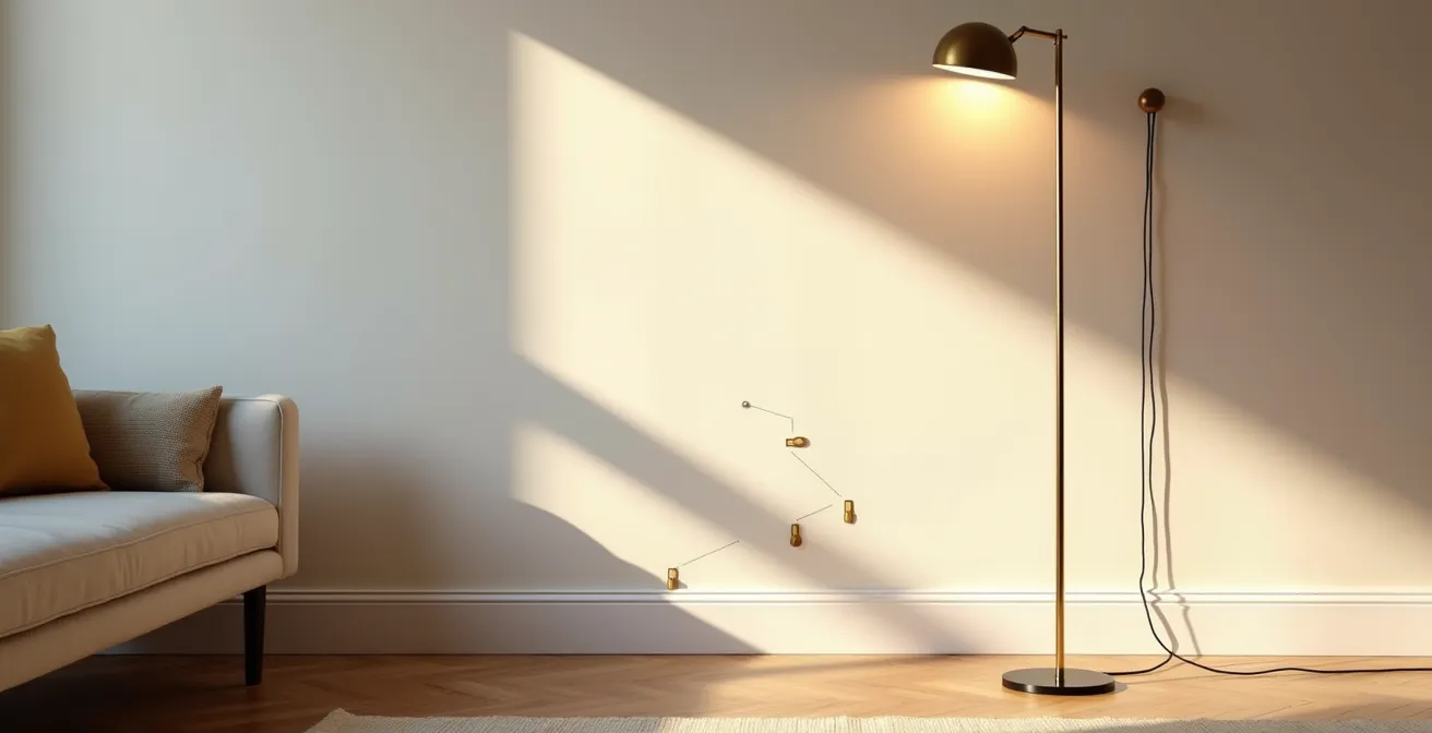 Vista amplia de salón mostrando una solución estética para los cables de una lámpara de pie, que forman un patrón decorativo en la pared.