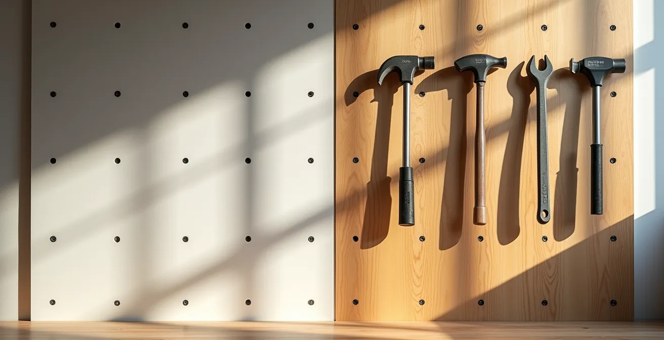 Tablero perforado de madera con herramientas perfectamente organizadas en taller doméstico