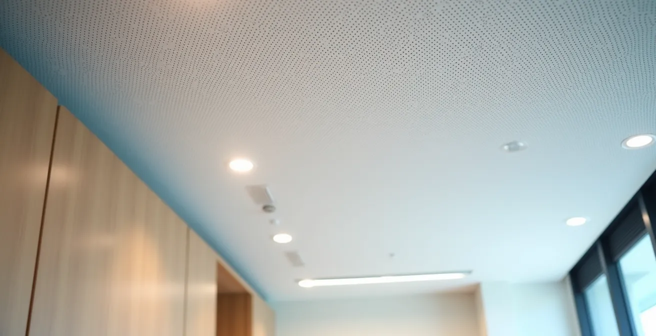 Vista inferior de un techo de pladur perforado con diseño acústico en salón