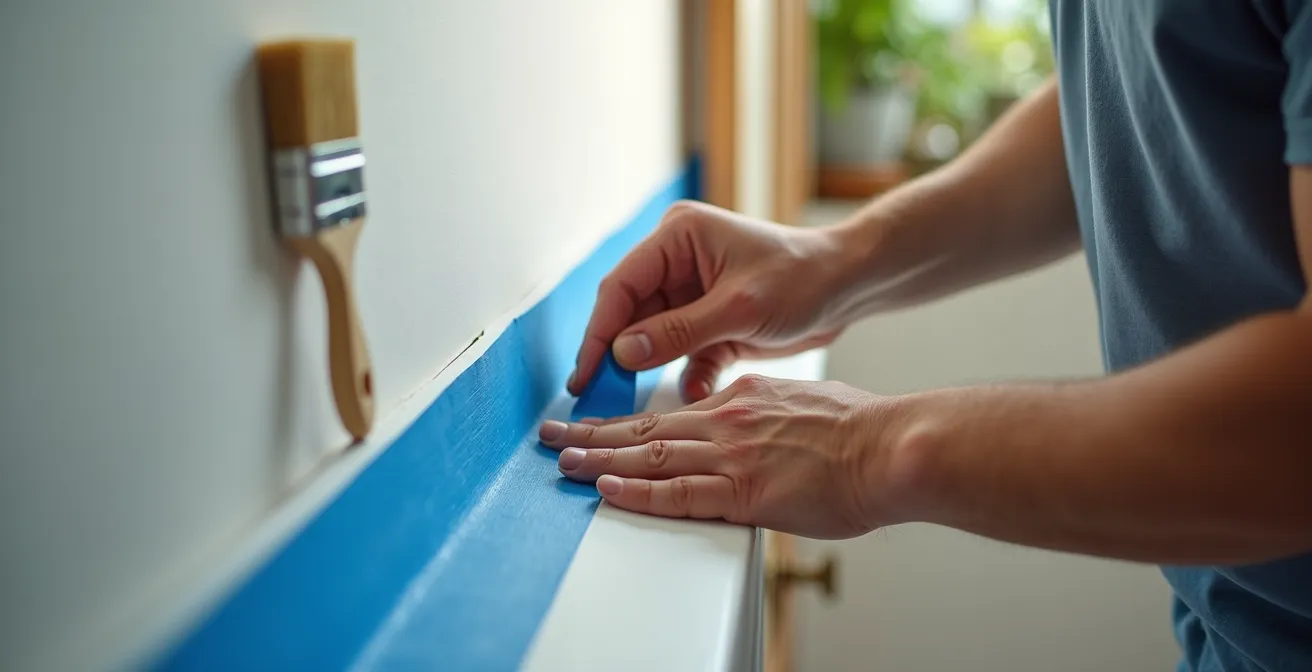 Manos aplicando cinta de pintor azul en esquina de pared con técnica profesional