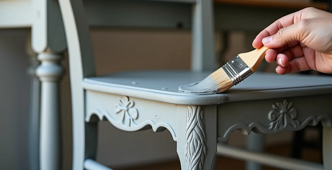 Detalle de pintura a la tiza aplicada en silla clásica junto a mesa industrial