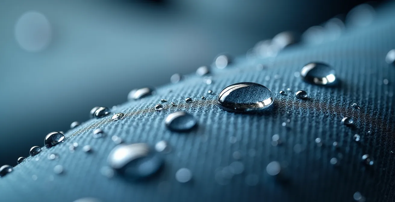 Detalle macro de tela antimanchas con gotas de agua formando perlas