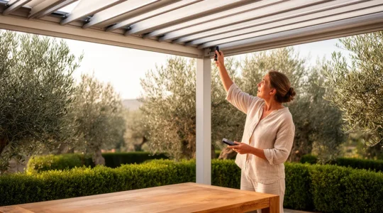 Pérgola bioclimática instalada en terraza española con lamas orientables