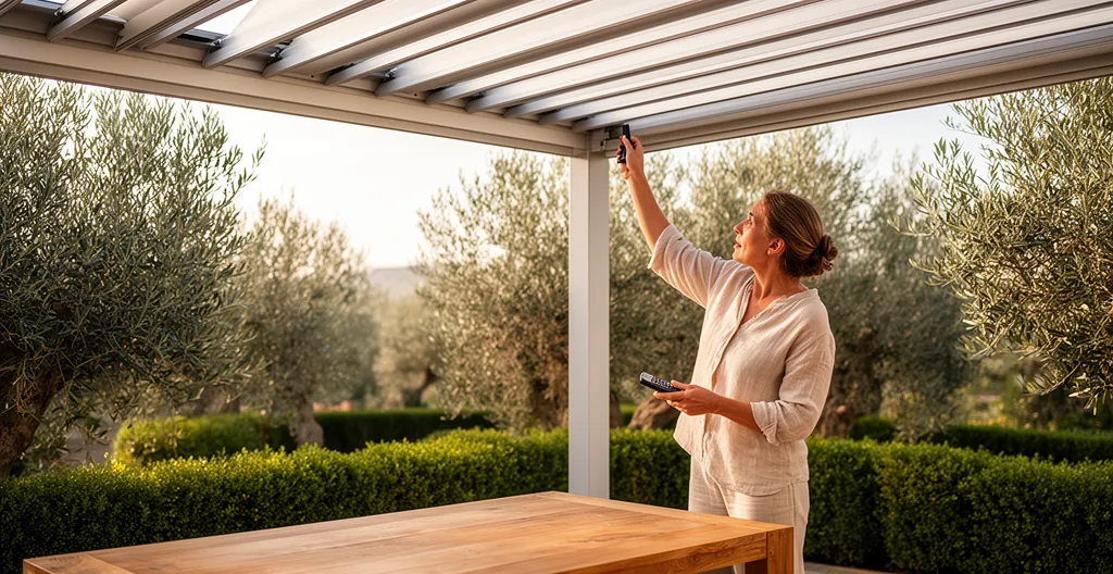 Pérgola bioclimática instalada en terraza española con lamas orientables