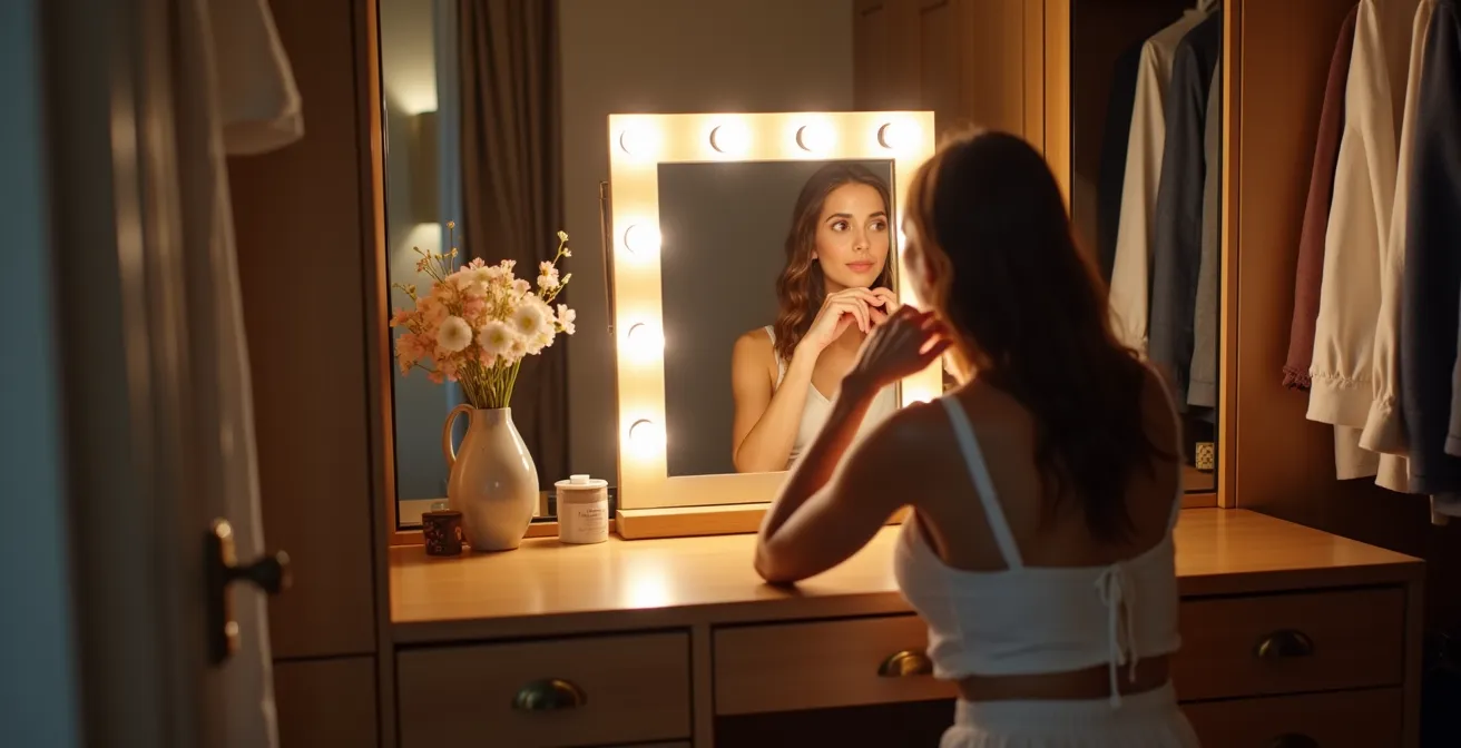 Tocador elegante integrado en vestidor con iluminación frontal estilo Hollywood