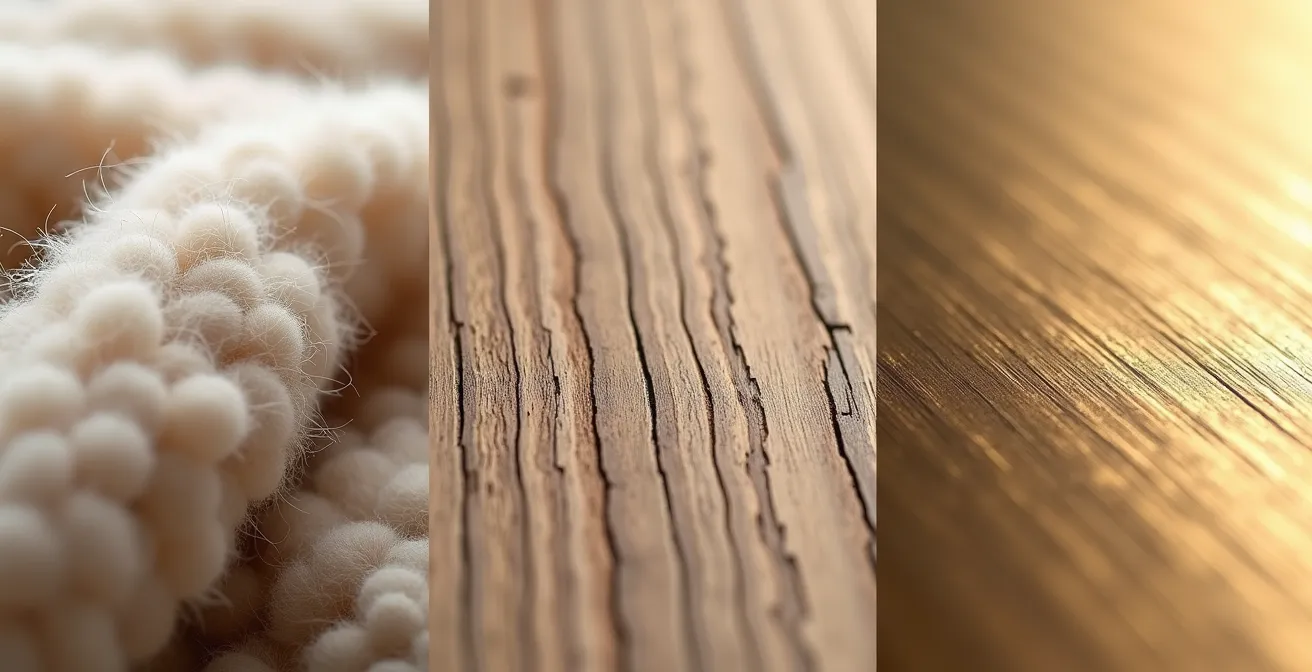 Detalle macro de tres texturas diferentes en un espacio neutro: lana, madera y metal