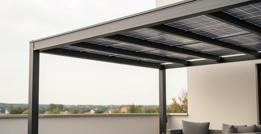 Vista lateral de pérgola solar fotovoltaica instalada en terraza residencial
