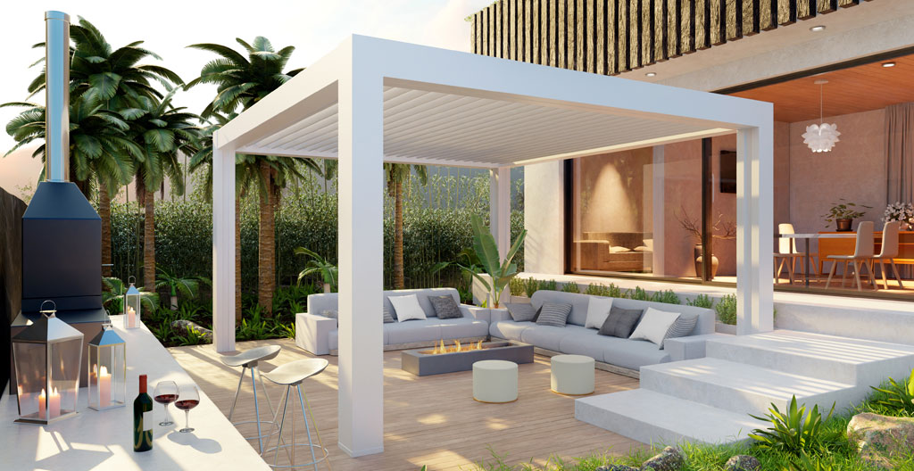 Detalle de perfil de aluminio lacado en esquina de terraza con plantas al fondo Detalle de perfil de aluminio lacado en esquina de terraza con plantas al fondo